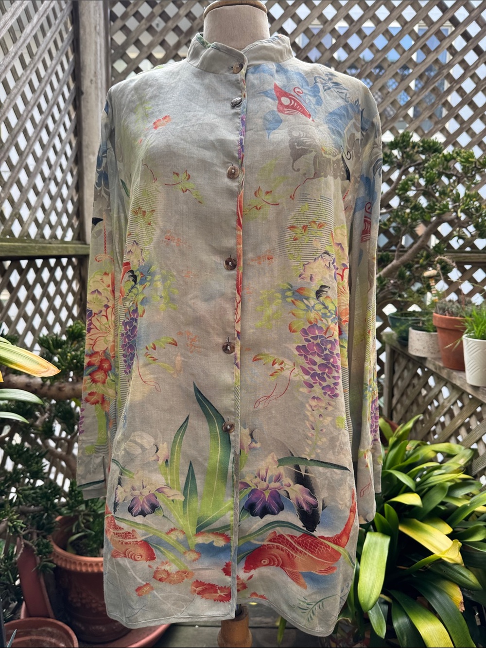 Citron, Vintage linen top, tropical design. Size 1X. EUC